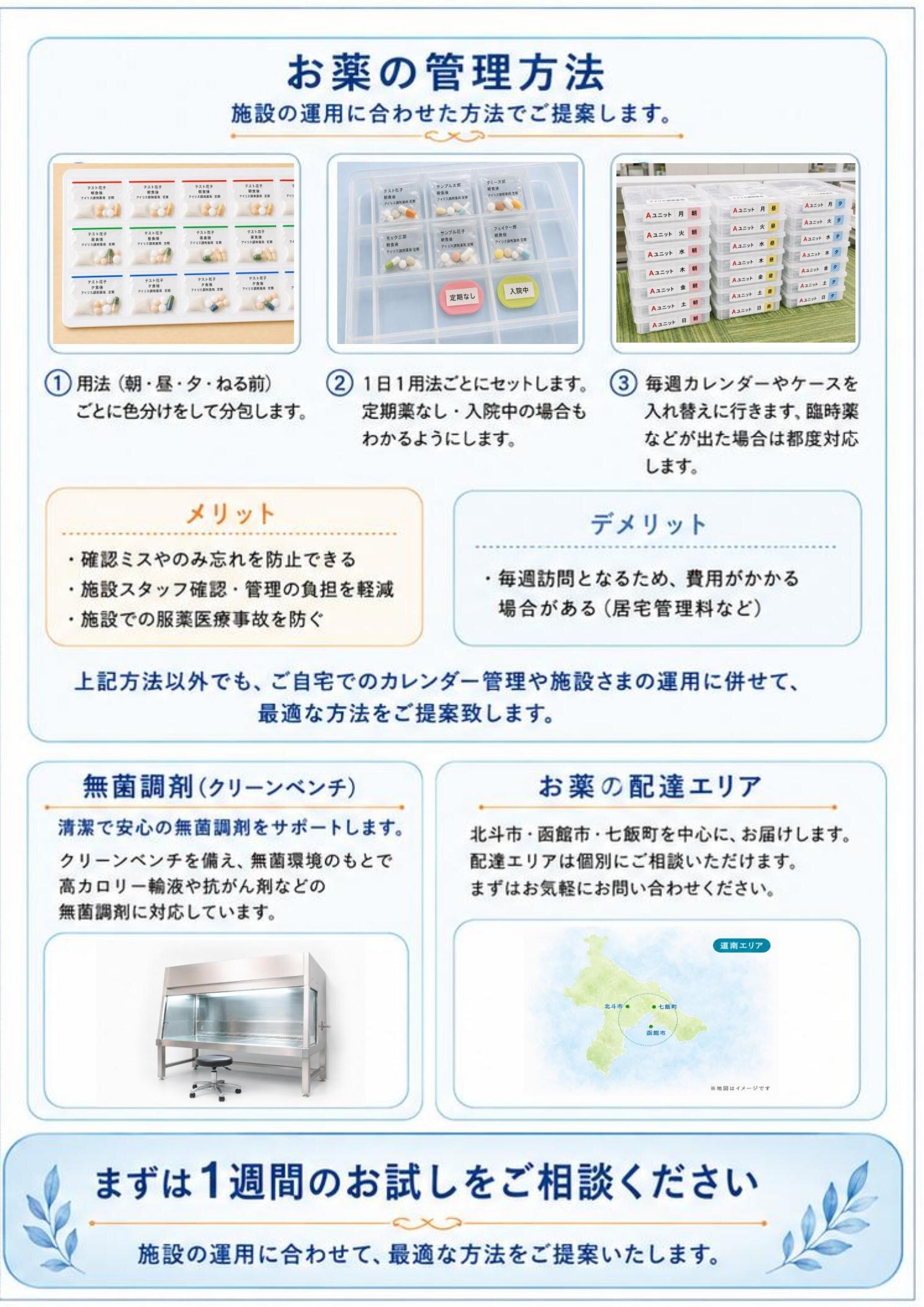 施設に合わせたお薬管理方法、無菌調剤、配達エリアを案内するパンフレット