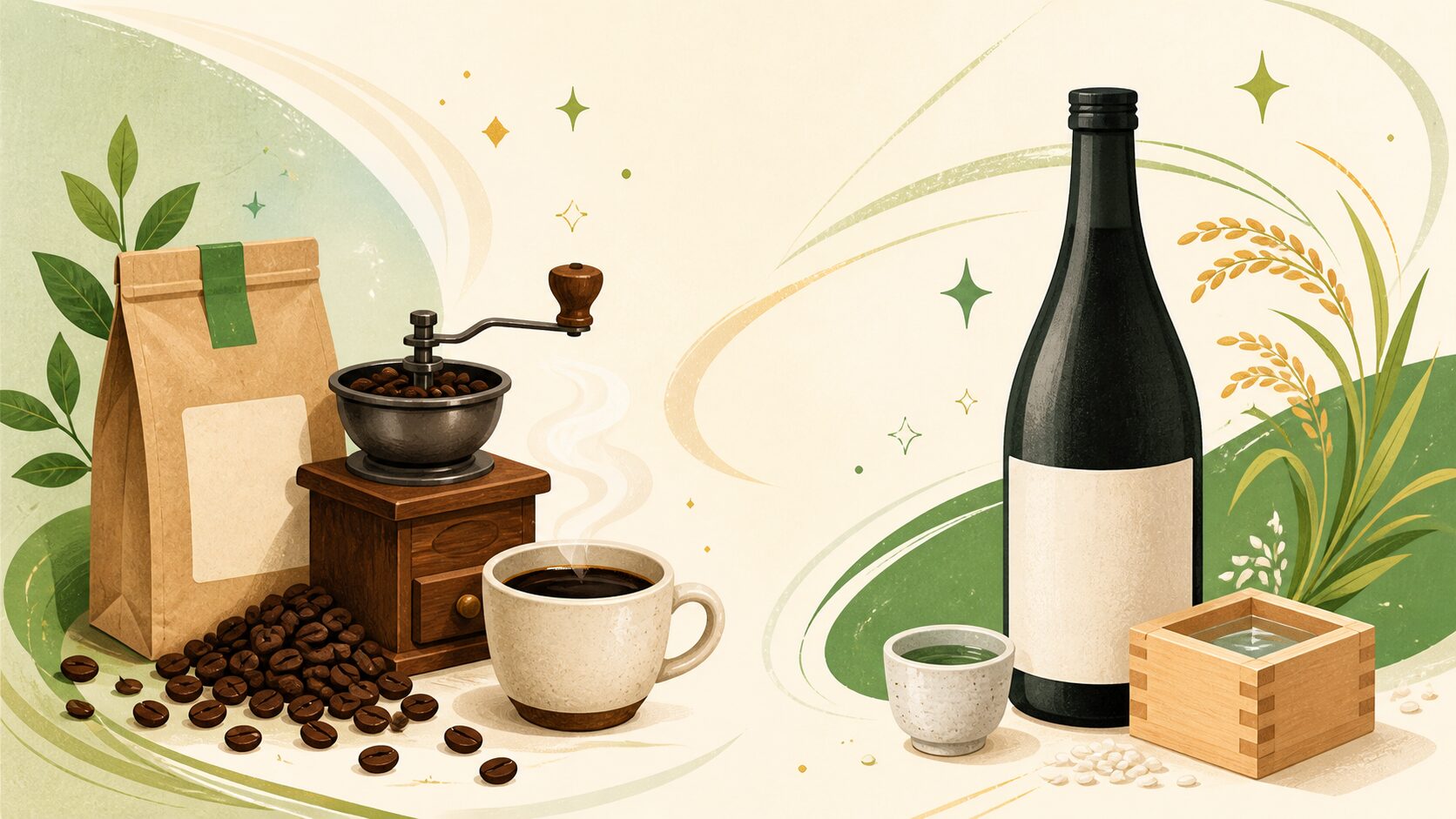 コーヒー豆と手挽きミル、日本酒瓶と酒器のオリジナルイラスト